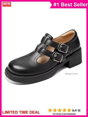 Mary Jane T-Strap Brogue Chunky Heel Low Heel Leather Pump